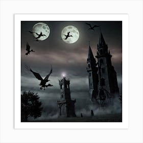 Owls Flying Over A Castle Art Print