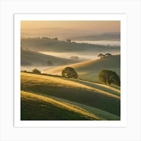 A Serene Sunrise Over Rolling Hills With Mist Art Print