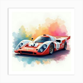 Porsche 917 Surrounded By A Colorful Watercolor Background, No Signature Or Logo 1 Art Print