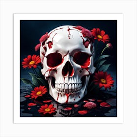 Bloody Skull With Flowers Art Print