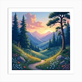 Watercolor Twilight Over An Enchanted Valley 1 Art Print