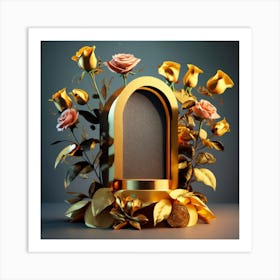 Golden Frame With Roses Art Print