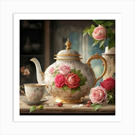 A very finely detailed Victorian style teapot with flowers, plants and roses in the center with a tea cup 3 Art Print