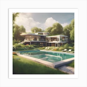 0 A Modern American House Surrounded By A Garden And Esrgan V1 X2plus Art Print