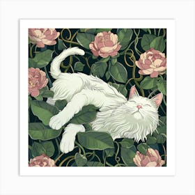 White Cat With Pink Roses Art Print