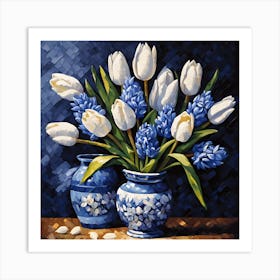 White Tulips and Blue Hyacinths in Ceramic Pot Art Print