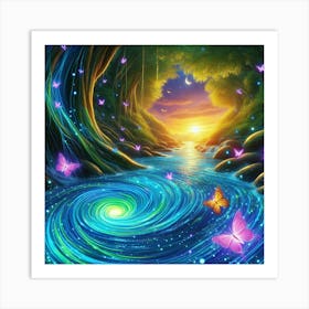 Stream With Bioluminescent Fish Butterflies Sun Spinning Wind Tree 4 Art Print