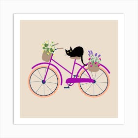 Cat Bicycle Flowers Drawing Boho Bohemian Minimalist Nature Art Print