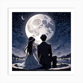 Couple Under The Moon, A Single Elegant Line Drawing Of A Men And Woman Art Of Sitting To Gather Alone Back Side Pose Art Print