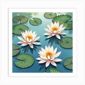 Delicate Watercolor Lilies Floating On A Calm Pond Art Print