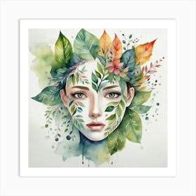 Watercolor Of A Woman With Leaves Art Print