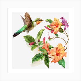 Hummingbird And Flowers Art Print