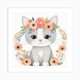 Floral Baby Cat Nursery Illustration (13) Art Print