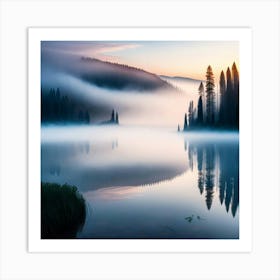 Misty Lake At Sunrise Art Print