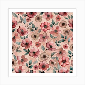 Watercolor Seamless Pattern With Pink Flowers Art Print