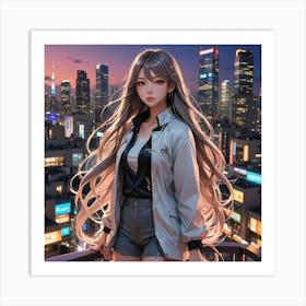 Anime Girl Standing On A Rooftop Art Print