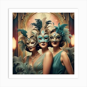 Three Women In Masks Art Print