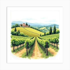 Picturesque Watercolor Of A Tuscan Vineyard With Rolling Hills And Distant Mountains 1 Art Print