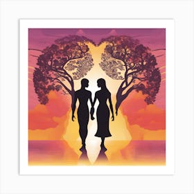 Couple Holding Hands At Sunset Art Print