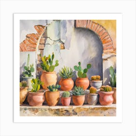 Watercolor painting of an old, weathered wall with cracked stone and peeling paint. The background features various sizes and shapes of terracotta pots on the shelf below. Each pot is filled with vibrant cacti or succulents, 3 Art Print