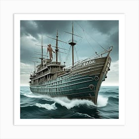 Steampunk Ship In Storm Cubism Style Art Print