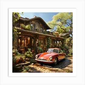 Nostalgic Elegance: Vintage Car in Front of an Old Manor Art Print