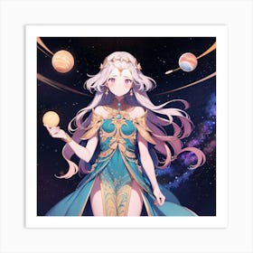 Anime Girl Holding Planets Art Print