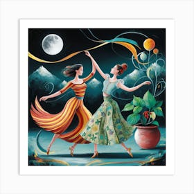 Two Women Dancing At Night Art Print