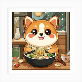 Corgi Eating Noodles Art Print