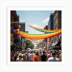 Crowds Of People In Rainbow Attire Fill The Streets Of A Bustling Urban Center At The Multiracial Pr Art Print