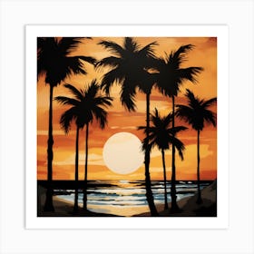 A Black Palm Trees Art Print Is Placed Against A Backdrop Of Golden Sands And A Vibrant Sunset 1 Art Print