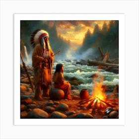 Oil Texture Native American Father And Daughter By Stream Copy Art Print