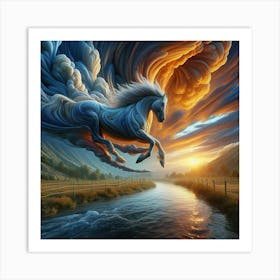 3 Dimensional Horse Jumping A Creek Sunset Clouds Swirling Art Print