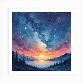 Watercolor Painting Of A Cosmic Landscape With Stars 1 Art Print