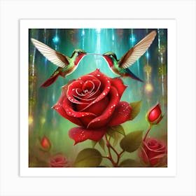 Hummingbirds And Roses Art Print