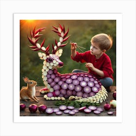 Boy Plays With A Deer Art Print