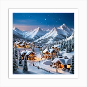 Miniature Ski Resort Nestled In A Picturesque Winter Landscape Snowy Slopes Dotted With Tiny Skiers Art Print