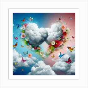 Heart Shaped Clouds With Butterflies Art Print