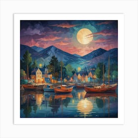 Moonlight At The Harbor Art Print