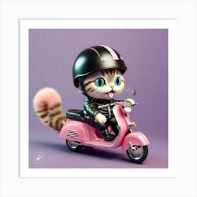 Cat Riding Pink Scooter 1 Art Print