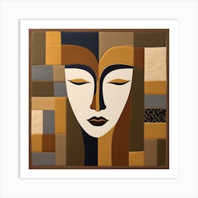 Patchwork Quilting Abstract Face Art with Earthly Tones, American folk quilting art, 1214 Art Print