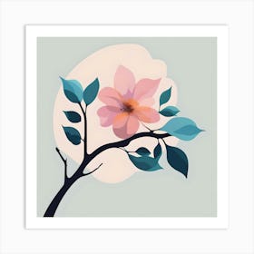 Branch With Pink, Blue And Turquoise Flower With Light Background Art Print