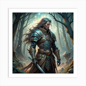 A Man In Armor With A Sword Standing In A Forest Art Print