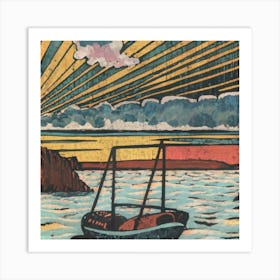 Oil painting of a boat in a body of water, woodcut, inspired by Gustav Baumann 1 Art Print