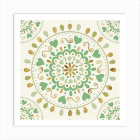 Summer Green Gold Heart Mandala Art Print