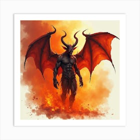 Demon In A Fiery Watercolor Inferno 1 Art Print