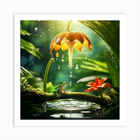 Magnified Single Drop Of Water Cradling A Miniature Ecosystem Tropical Forest With A Green Frog Per (1) Art Print