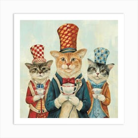 Tea Party Cat Parade Print Art - Picture Cats In Fancy Hats Marching With Teacups, Creating A Whimsical And Charming Atmosphere Art Print