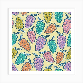 JUICY GRAPES Retro Tossed Plump Ripe Bunches of Grapes in Summer Pink Purple Turquoise Mustard Orange Royal Blue on Cream Art Print