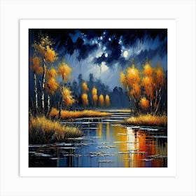 Moonlight At The River Art Print